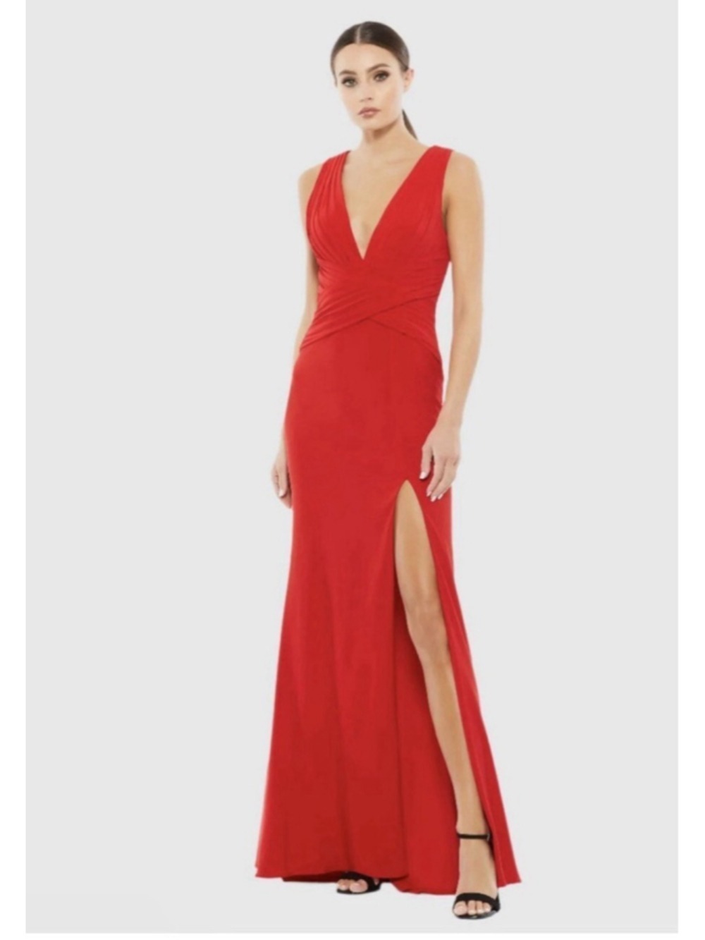Women's Mac Duggal Red V-Neck Ruched Slit Maxi Dress Size 2